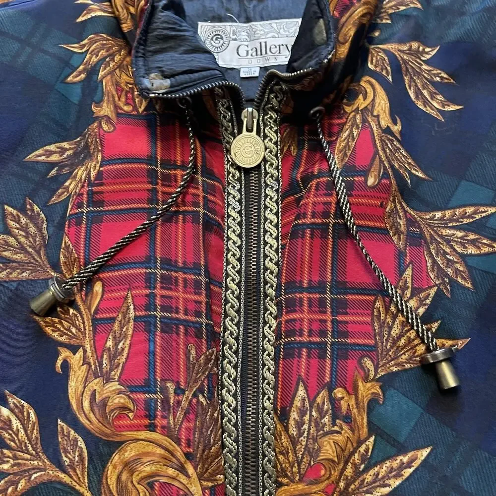 Vtg Gallery Down Jacket Womens S Baroque Plaid Puffer Bomber